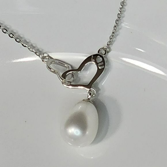 Stamped I‎ LOVE U 925S Silver Drop Freshwater Pearl Pendant Heart Necklace - Picture 16 of 16